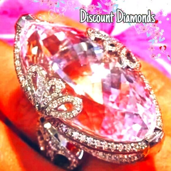 Sakura Pink Sapphire & White Baguette Diamond Ring on 925 Sterling Silver Womens - Picture 2 of 3